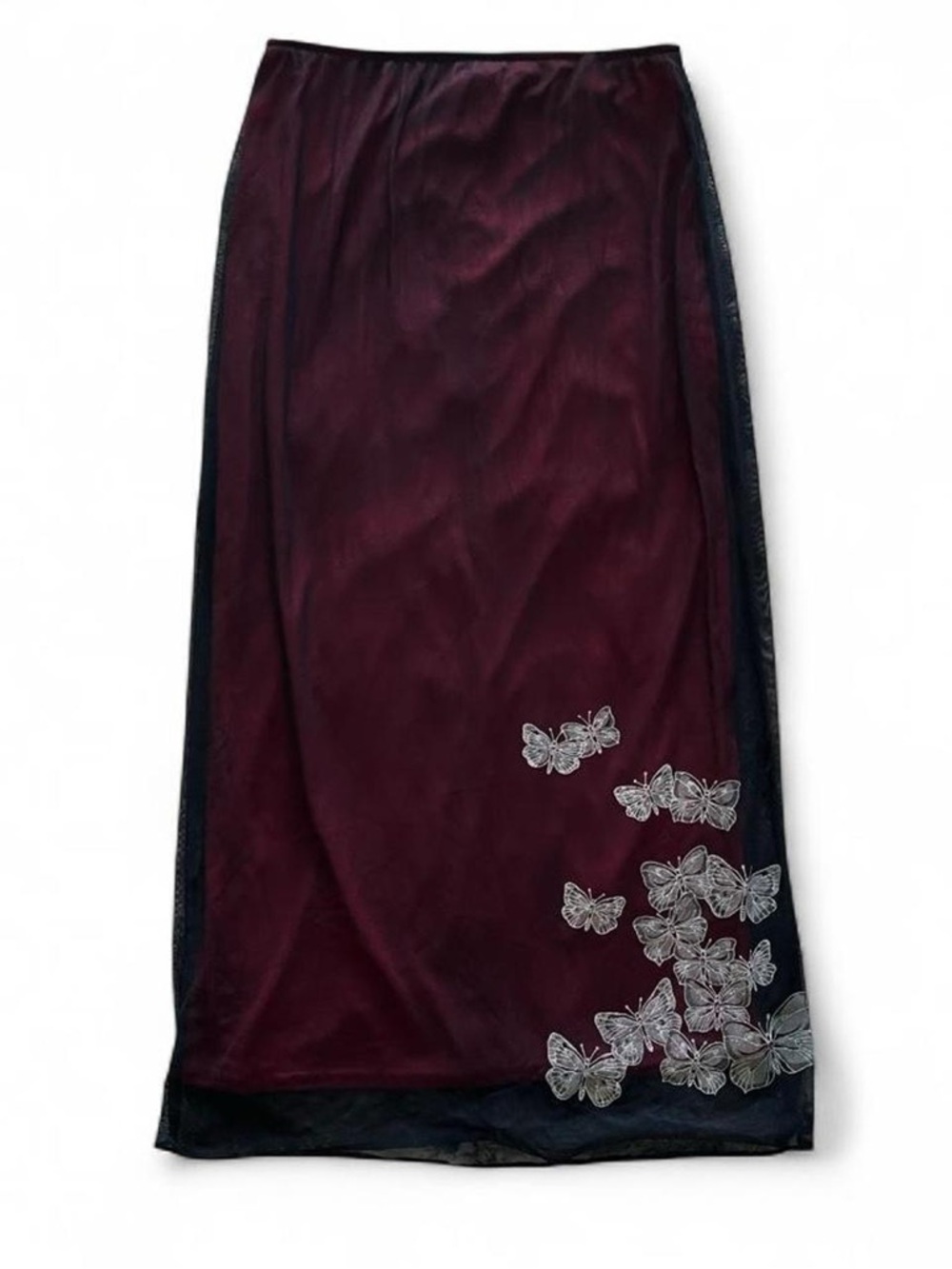 Y2K Vintage Joules Vampire Red Lined Black Mesh Maxi Skirt Butterfly Graphics